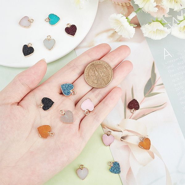 

PandaHall SUNNYCLUE 16Pcs 8 Colors Electroplate Druzy Resin Pendants, with Platinum Iron Loops, Heart, Light Gold, Mixed Color..., Multicolor
