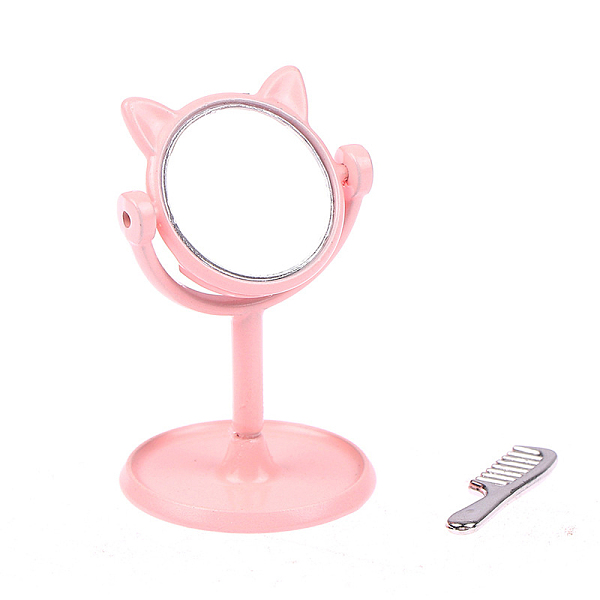 

PandaHall Miniature Cute Cat's Head Alloy Makeup Mirrors, with Comb, for Dollhouse Tabletop Decoration, Pink, 43mm Alloy Cat Shape Pink
