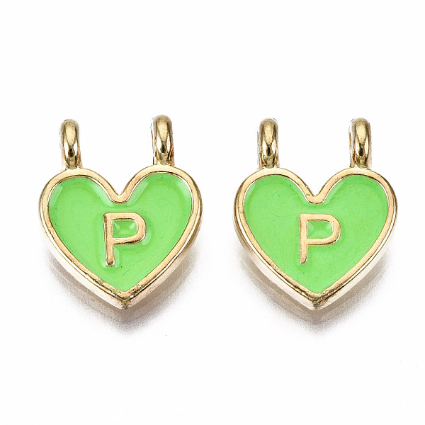 

PandaHall Alloy Enamel Charms, Cadmium Free & Lead Free, Heart with Initial Letters, Light Gold, Lime, Letter.P, 14.5x11.5x4.5mm, Hole: 2mm..., Green