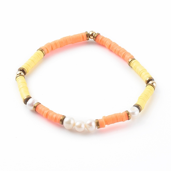 

PandaHall Polymer Clay Heishi Beaded Stretch Bracelets, with Natural Pearl Beads and Non-magnetic Synthetic Hematite Beads, Dark Orange...