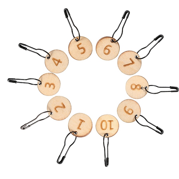 

PandaHall 10Pcs Number 1~10 Wood Locking Stitch Marker, with Iron Safety Pins, Bisque, Round: 1cm Wood Flat Round Orange