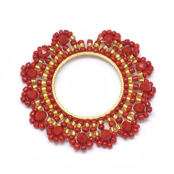 

PandaHall Handmade Woven Pendants, with Glass Beads and Golden Tone 304 Stainless Steel Findings, Flower, FireBrick, 44~46x4mm, Inner..., Red