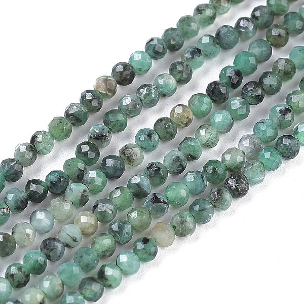 

PandaHall Natural Emerald Beads Strands, Round, Faceted, 3mm, Hole: 0.6mm, about 136~147pcs/strand, 15.35 inch(39cm) Emerald Round