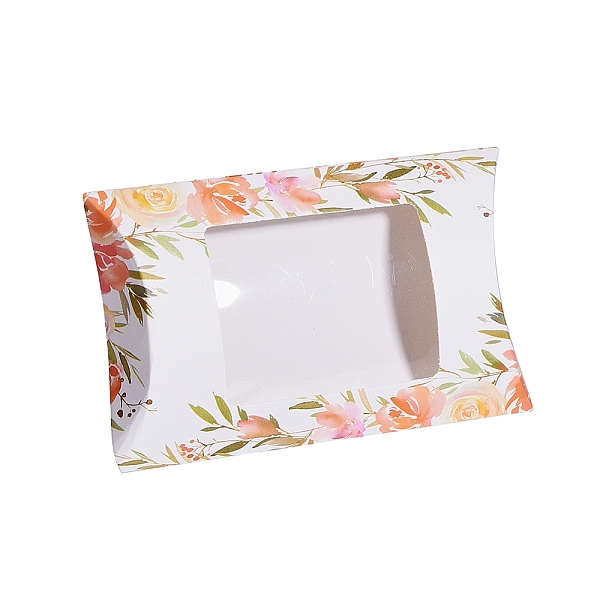 PandaHall Paper Pillow Boxes, Gift Candy Packing Box, with Clear Window, Floral Pattern, White, 12.5x7.6x2.2cm Paper Pillow White