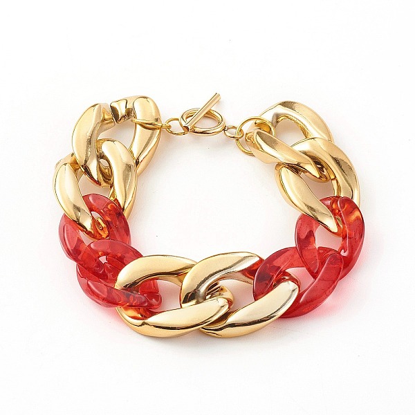 

PandaHall CCB Plastic & Acrylic Curb Chain Bracelets, with 304 Stainless Steel Toggle Clasps, Golden, Red, 7-1/2 inch(19cm) Plastic Red