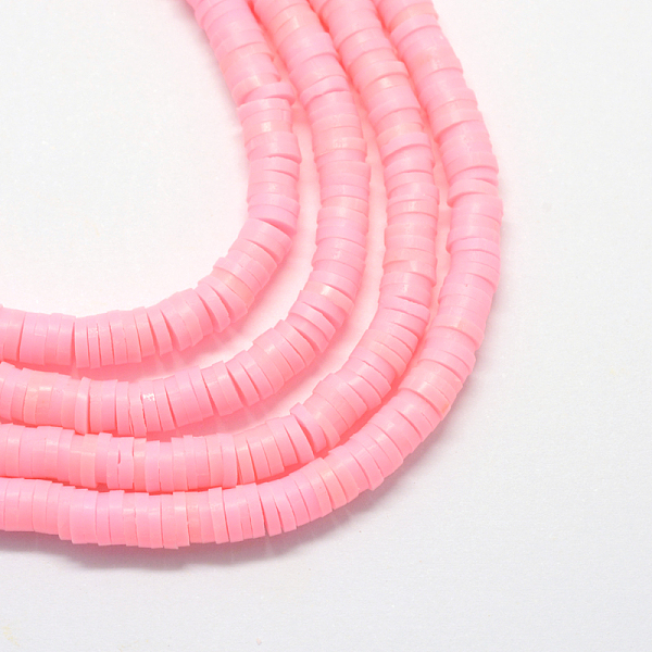 

PandaHall Handmade Polymer Clay Beads, Disc/Flat Round, Heishi Beads, Flamingo, 6x1mm, Hole: 2mm, about 380~400pcs/strand, 17.7 inch Polymer..., Pink
