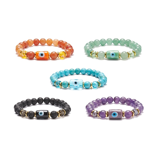 

PandaHall Gemstone Round Beaded Stretch Bracelet, Column with Evil Eye Lampwork Bracelet for Women, Inner Diameter: 2-1/8 inch(5.25cm) Mixed...