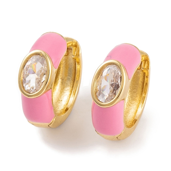 

PandaHall Rack Plating Brass Cubic Zirconia Enamel Earrings, Cadmium Free & Lead Free, Oval, Hoop Earrings, Real 18K Gold Plated, Pink...