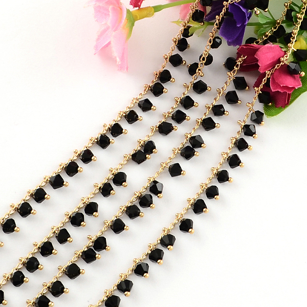 

PandaHall Handmade Brass Beaded Chains, Soldered, with Spool with Rondelle Glass Beads, Raw(Unplated), Black, 9mm, about 32.8 Feet(10m)/roll...