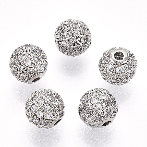

PandaHall Rack Plating Brass Cubic Zirconia Beads, Long-Lasting Plated, Round, Platinum, 8x7mm, Hole: 2mm Brass+Cubic Zirconia Round