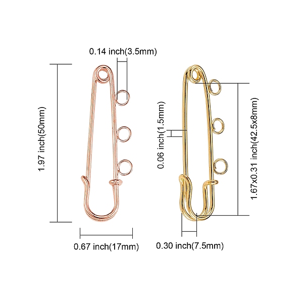 

PandaHall 30Pcs 6 Colors Iron Safety Pins, with 3 Loops, Mixed Color, 50x17x7.5mm, Hole: 3.5mm, 5pcs/color Iron