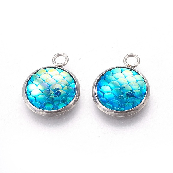 PandaHall Resin Pendants, with 304 Stainless Steel Finding, Flat Round with Mermaid Fish Scale Shaped, Stainless Steel Color, Cyan...