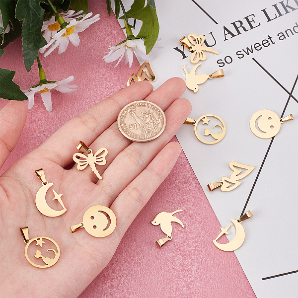 

PandaHall DICOSMETIC 12Pcs 6 Style Ion Plating(IP) 304 Stainless Steel Pendants, Laser Cut, Mixed Shape, Golden, 18~20x15~19.5x1.1~1.5mm...
