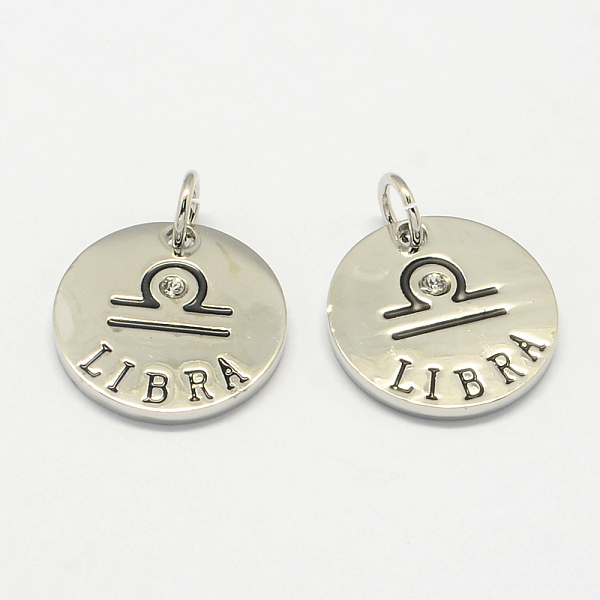 

PandaHall Alloy Pendants, with Rhinestone, Flat Round, with Constellation/Zodiac Sign, Platinum, Libra, 22x2.5mm, Hole: 5.5mm..., Clear