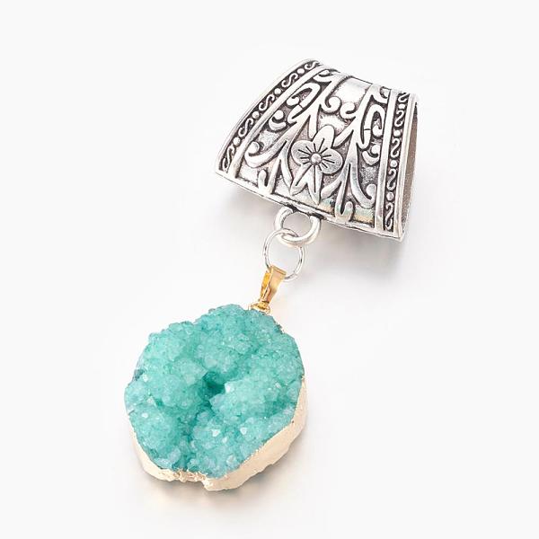 

PandaHall Nuggets Natural Druzy Agate Scarf Bail Pendants, with Antique Silver Alloy Tube Bails, Green, 95mm, Hole: 23x13mm Natural Agate...
