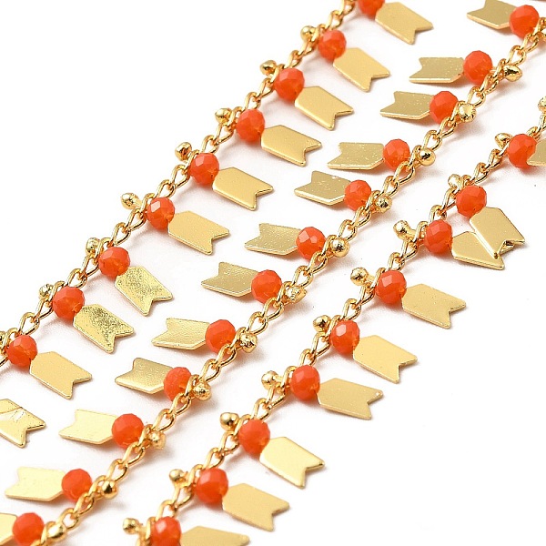 

PandaHall Glass Beaded Arrow Charm Chains, with Real 18K Gold Plated Brass Rope Chains, Soldered, with Spool, Tomato, 1.5mm Brass+Glass Red