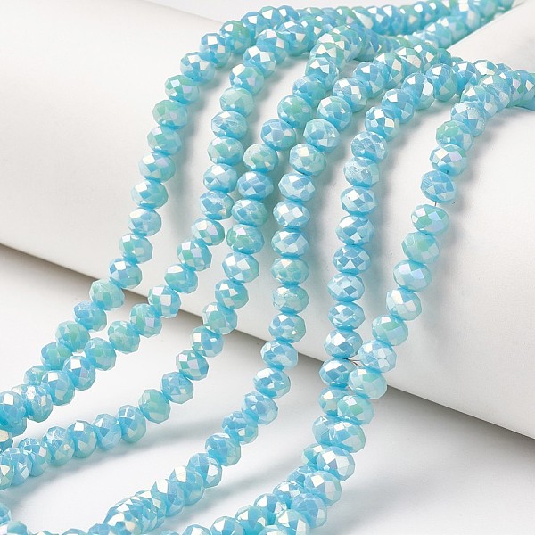 

PandaHall Electroplate Opaque Glass Beads Strands, Full Rainbow Plated, Faceted, Rondelle, Cyan, 4x3mm, Hole: 0.4mm, about 123~127pcs/strand...