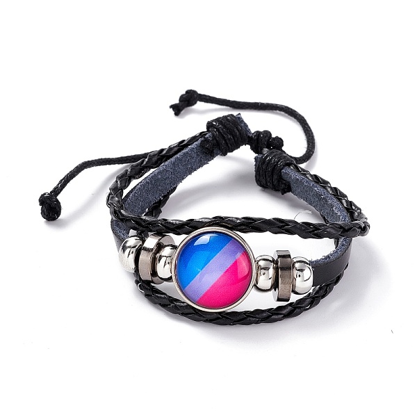 

PandaHall PU Leather Braided Cord Multi-strand Bracelet, Flat Round with Stripe Pattern Alloy Links and Beads Bracelet for Men Women...