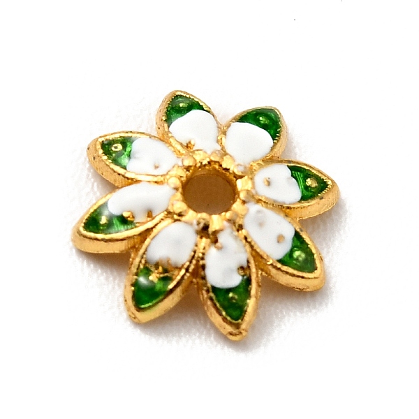 Multi-Petal Alloy Enamel Bead Caps, Cadmium Free & Lead Free, Golden, Flower, White, 7.5x7x2mm, Hole: 1mm