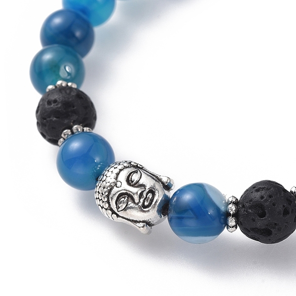 

PandaHall Braided Bead Bracelets, with Antique Silver Plated Alloy Findings, Nylon Thread, Natural Striped Agate and Lava Rock Beads, Buddha..., Blue