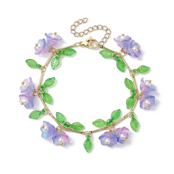 

PandaHall Flower Glass & Acrylic Charm Bracelets, Brass Bar Link Chain Bracelets for Women, Lilac, 7-1/8 inch(18cm) Brass Flower Purple