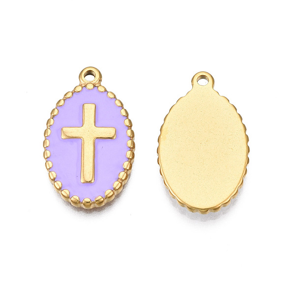 

PandaHall 304 Stainless Steel Enamel Pendants, Real 18K Gold Plated, Oval with Cross, Lilac, 23x14x2mm, Hole: 1.6mm Stainless Steel+Enamel..., Purple