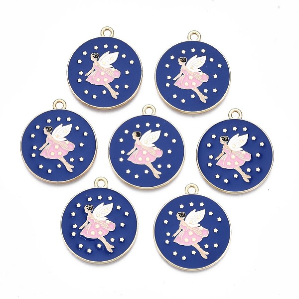 

PandaHall Rack Plating Alloy Enamel Pendants, Cadmium Free & Nickel Free & Lead Free, Light Gold, Flat Round with Elves, Dark Blue...