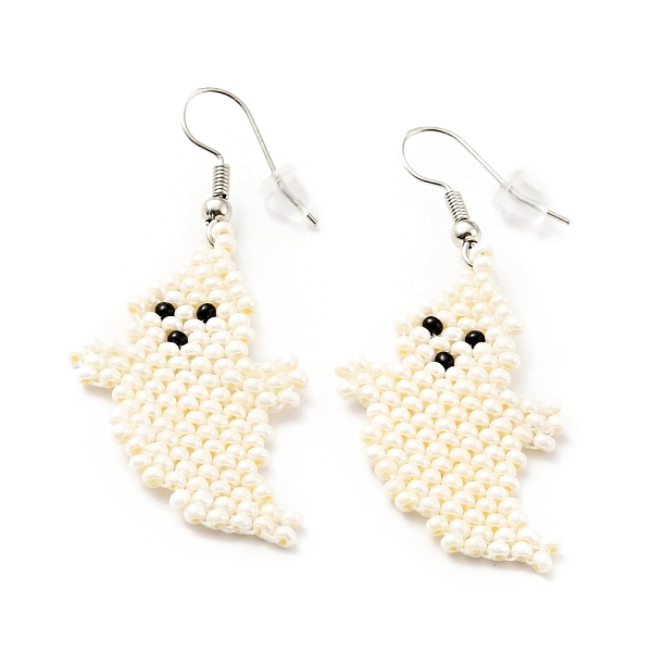 

PandaHall Glass Seed Braided Ghost Dangle Earrings, Alloy Wire Wrap Halloween Earrings for Women, Seashell Color, 50mm, Pin: 0.6mm Glass