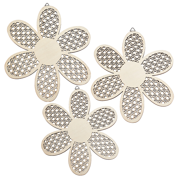 

PandaHall Unfinished Wood Hollow Flower Pendant Decoration, Beige, 21.3~26.7x18.5~23x0.45cm, Hole: 7.5x9.5mm, 3pcs/set Wood Yellow