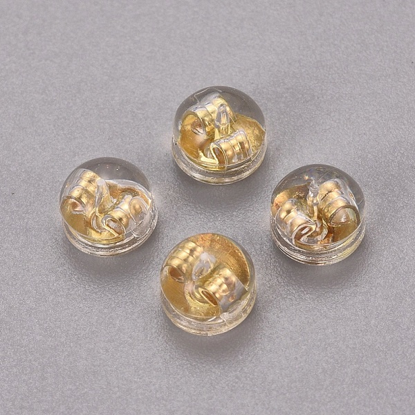 

PandaHall Brass & Plastic Ear Nuts, Earring Backs, Long-Lasting Plated, Half Round, Golden, 5.5x4mm, Hole: 0.6mm Plastic Clear