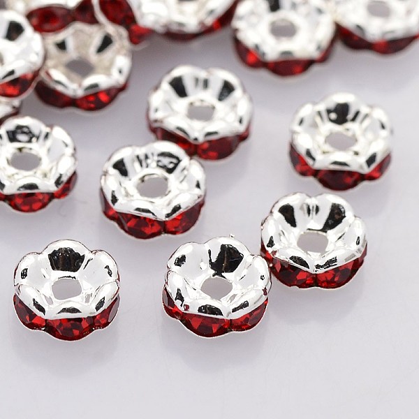

PandaHall Brass Rhinestone Spacer Beads, Grade AAA, Wavy Edge, Nickel Free, Silver Color Plated, Rondelle, Light Siam, 6x3mm, Hole: 1mm..., Red