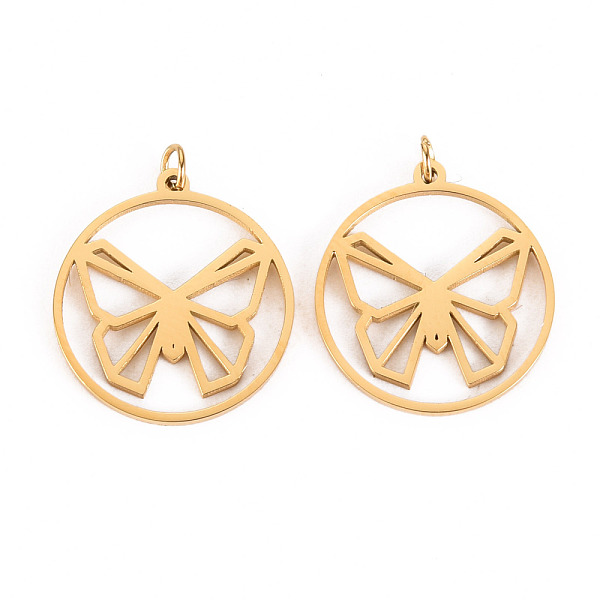 

PandaHall 304 Stainless Steel Pendants, with Jump Rings, Laser Cut, Ring with Butterfly, Real 14K Gold Plated, 16.5x15x1mm, Jump Ring...