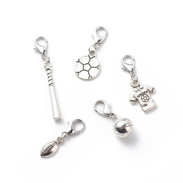 

PandaHall Tibetan Style Alloy Sports Theme Pendant Decorations, with Lobster Claw Clasps, Football/Rugby/Baseball Bat/Jersey/Basketball...