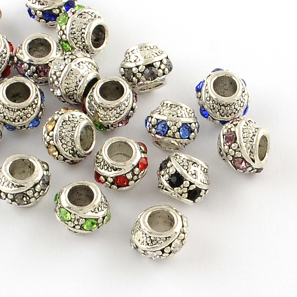 

PandaHall Barrel Antique Silver Plated Metal Alloy Rhinestone European Beads, Large Hole Beads, Mixed Color, 10~11x9mm, Hole: 5mm..., Multicolor