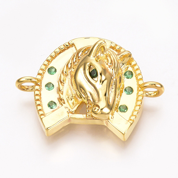 

PandaHall Brass Micro Pave Cubic Zirconia Links, Horse Head with Horse Shoe, Lime Green, Golden, 26x19.5x7.5mm, Hole: 2mm Brass+Cubic...