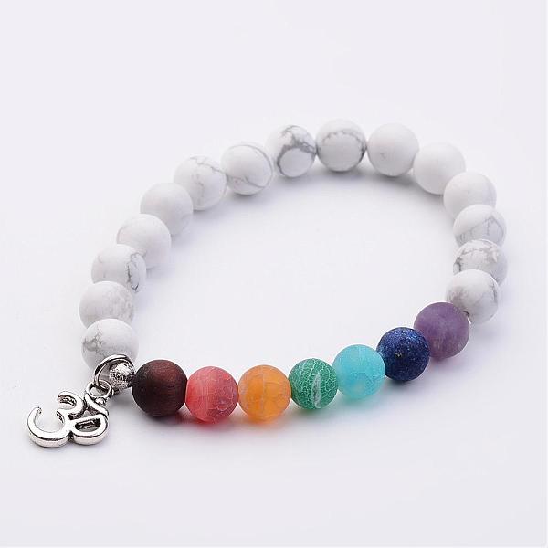 

PandaHall Natural Howlite and Gemstone Stretch Bracelets, with Alloy Om Symbol Pendants, Antique Silver, 2-1/8 inch(53mm) Howlite