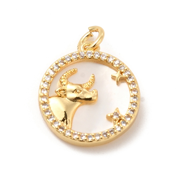 

PandaHall Brass Clear Cubic Zirconia with Shell Pendants, Flat Round Charms with Constellation Pattern, Golden, Taurus, 17x15x3mm, Hole: 3mm...