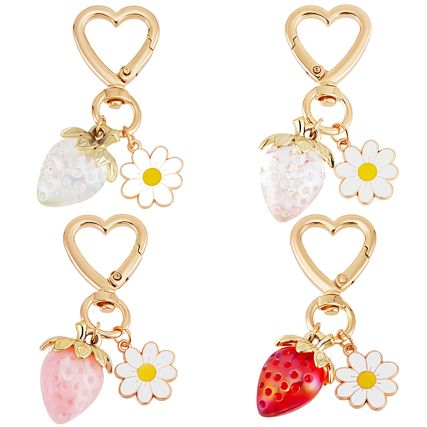 4個 4色フラワー合金エナメルとアクリルイチゴキーホルダー