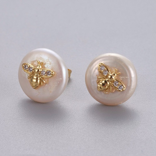 

PandaHall Natural Pearl Stud Earrings, with Brass Micro Pave Cubic Zirconia Findings, Flat Round with Bees, Long-Lasting Plated, with Ear..., Clear