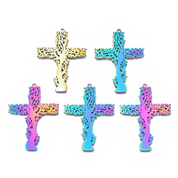 

PandaHall Ion Plating(IP) 201 Stainless Steel Pendants, Cross, Rainbow Color, 49x35x1mm, Hole: 1.4mm 201 Stainless Steel Cross