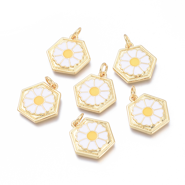 

PandaHall Brass Pendants, with Enamel and Jump Rings, Long-Lasting Plated, Cadmium Free & Lead Free & Nickel Free, Hexagon with Flower..., White