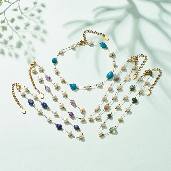 

PandaHall Natural Gemstone & Pearl Beaded Anklet, Gold Plated Stainless Steel Jewelry for Women, 9.65~9.92 inch(245~252mm) Mixed Stone