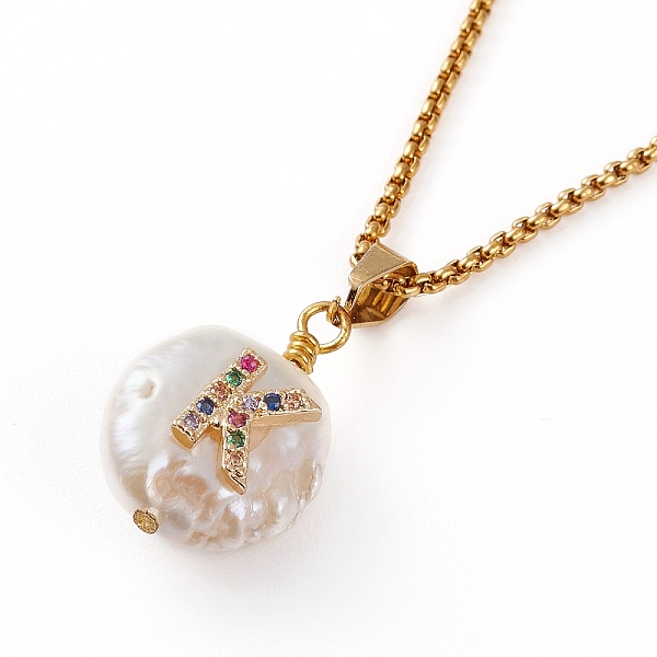 

PandaHall Natural Pearl Initial Pendant Necklaces, with Brass Micro Pave Cubic Zirconia Cabochons and 304 Stainless Steel Box Chains, Flat...