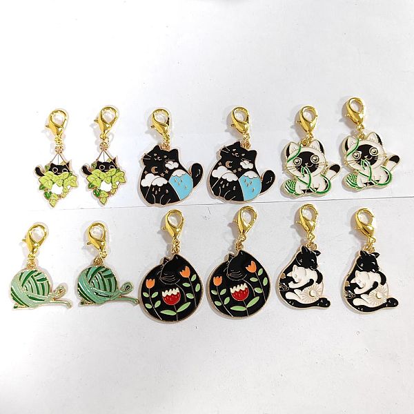 

PandaHall Alloy Enamel Pendant Locking Stitch Markers, Zinc Alloy Lobster Claw Clasps & Brass Wine Glass Charm Rings Stitch Marker, Cat/Ball..., Multicolor