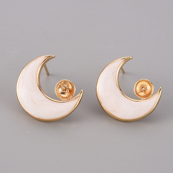

PandaHall Brass Enamel Stud Earrings Findings, for Half Drilled Bead, Nickel Free, Moon, Real 18K Gold Plated, 18x15.5mm, Pin: 0.8mm, Pin..., White