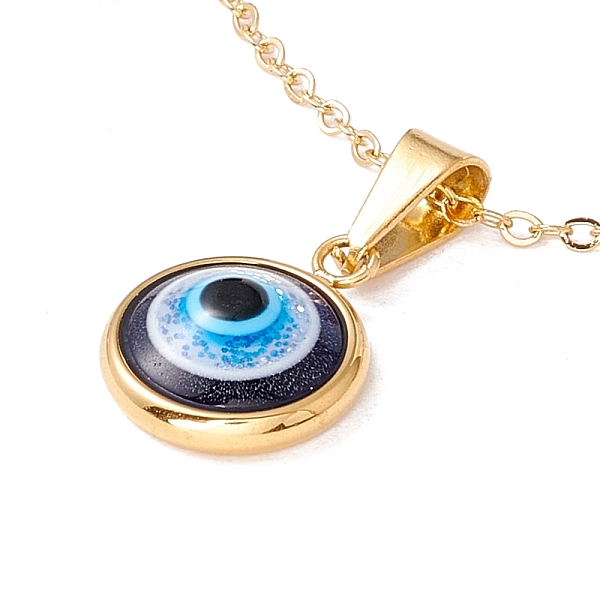 

PandaHall Lampwork Flat Round with Evil Eye Pendant Necklace with 304 Stainless Steel Cable Chains for Women, Golden, Blue, 18.1 inch(46cm)...
