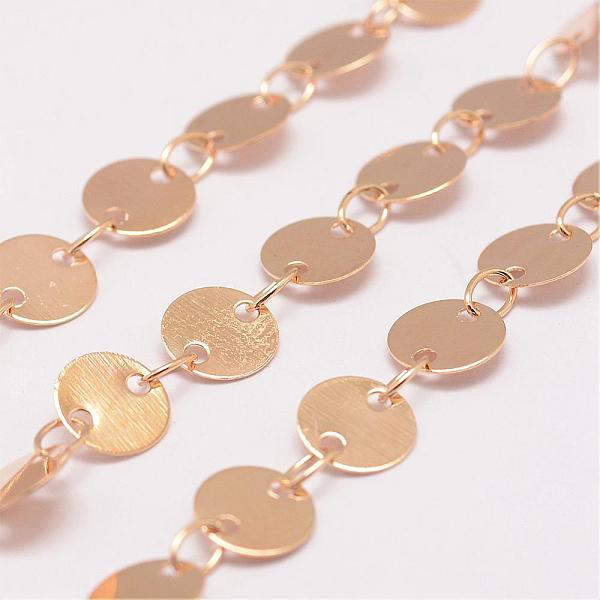 

PandaHall Rack Plating Brass Handmade Flat Sequin Chains, Soldered, Flat Round Link Chains, Light Gold, 6x0.3mm Brass