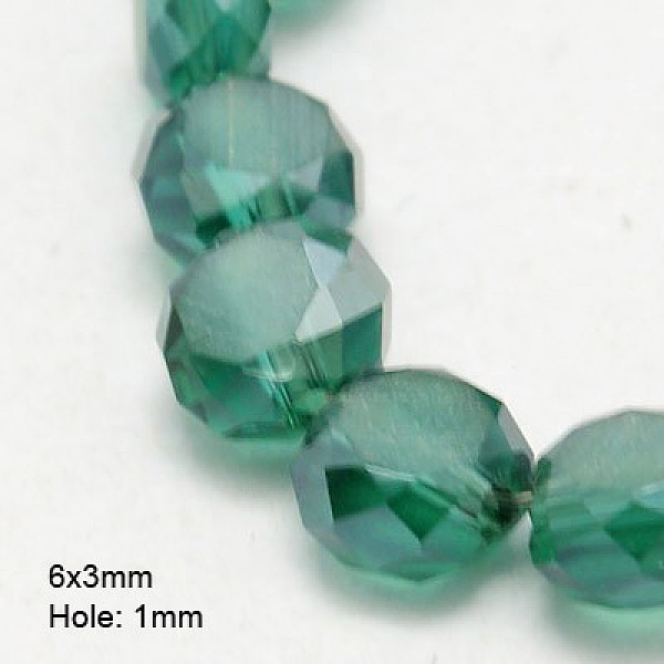 

PandaHall Electroplate Glass Beads, Half Plated, Faceted, Frosted, Flat Round, Dark Cyan, 6x3mm, Hole: 1mm Glass Flat Round Cyan