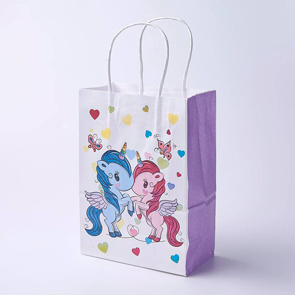 PandaHall kraft Paper Bags, with Handles, Gift Bags, Shopping Bags, Rectangle, Unicorn Pattern, Medium Purple, 27x21x10cm Paper Other Animal...
