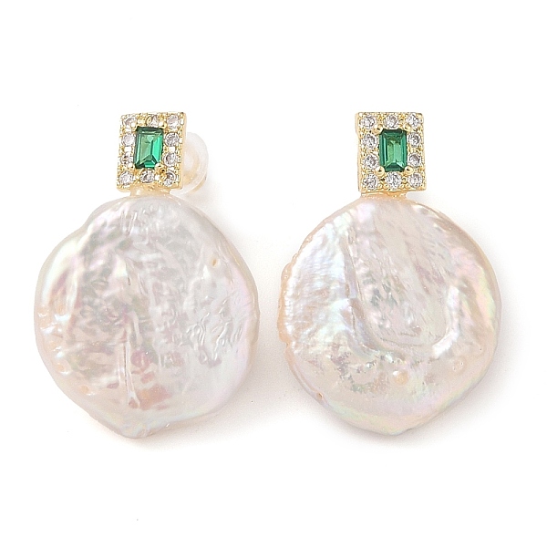 

PandaHall Natural Pearl Stud Earrings, Flat Round Brass Micro Pave Clear Cubic Zirconia Dangle Earrings for Women, Real 14K Gold Plated..., Green